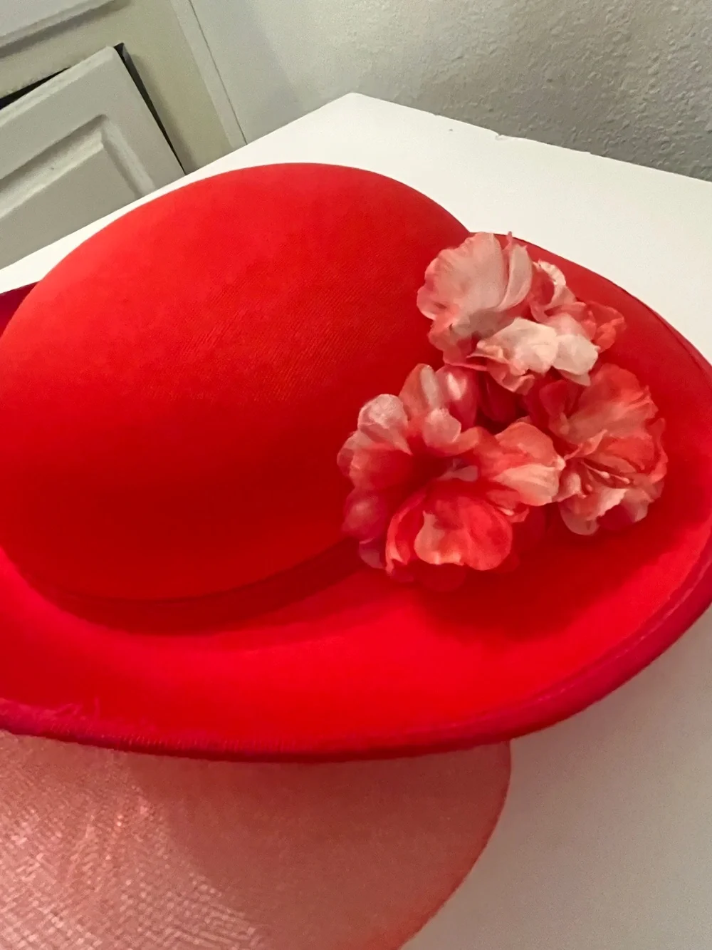 Elegant Red Wide Brim Church Hat Kentucky Derby Wedding Tea Party Floral OS